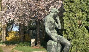 statue d'Adam sur fond de cerisiers en fleur