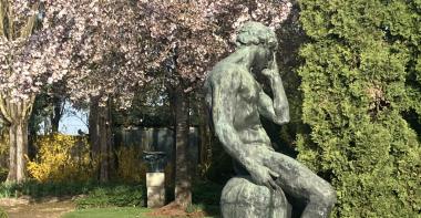statue d'Adam sur fond de cerisiers en fleur