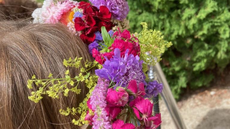 couronne de fleurs fraiches et sèches sur la tête d'une petite fille de dos
